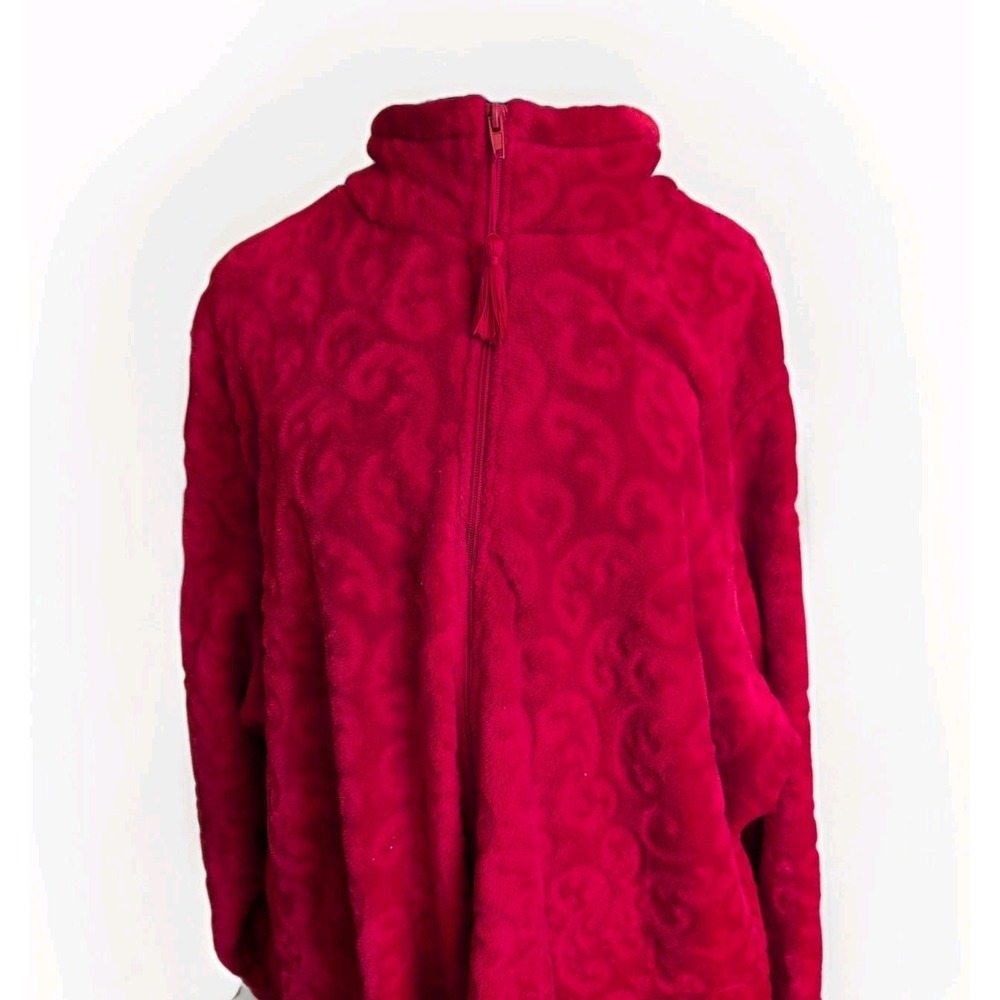 Croft & Barrow Robe Plush Red Floral Embossed Velour full Zip Pockets Lounge EUC